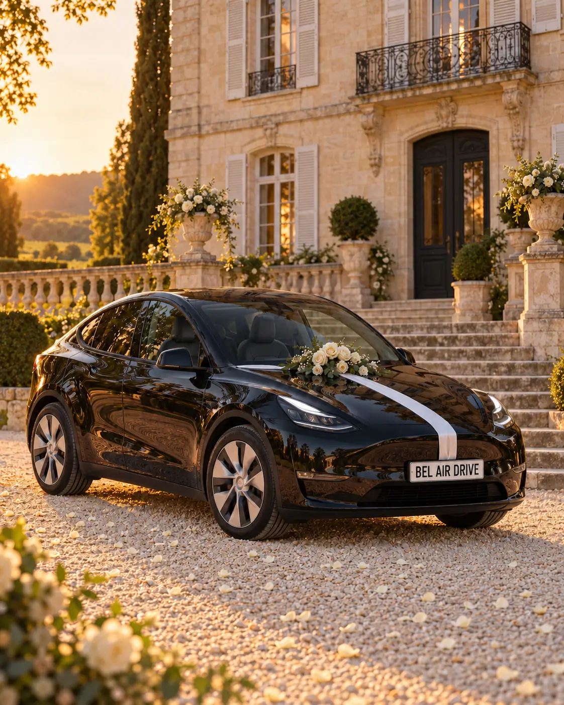 La Tesla noire ornée d’un ruban blanc et de roses devant le perron d’un château