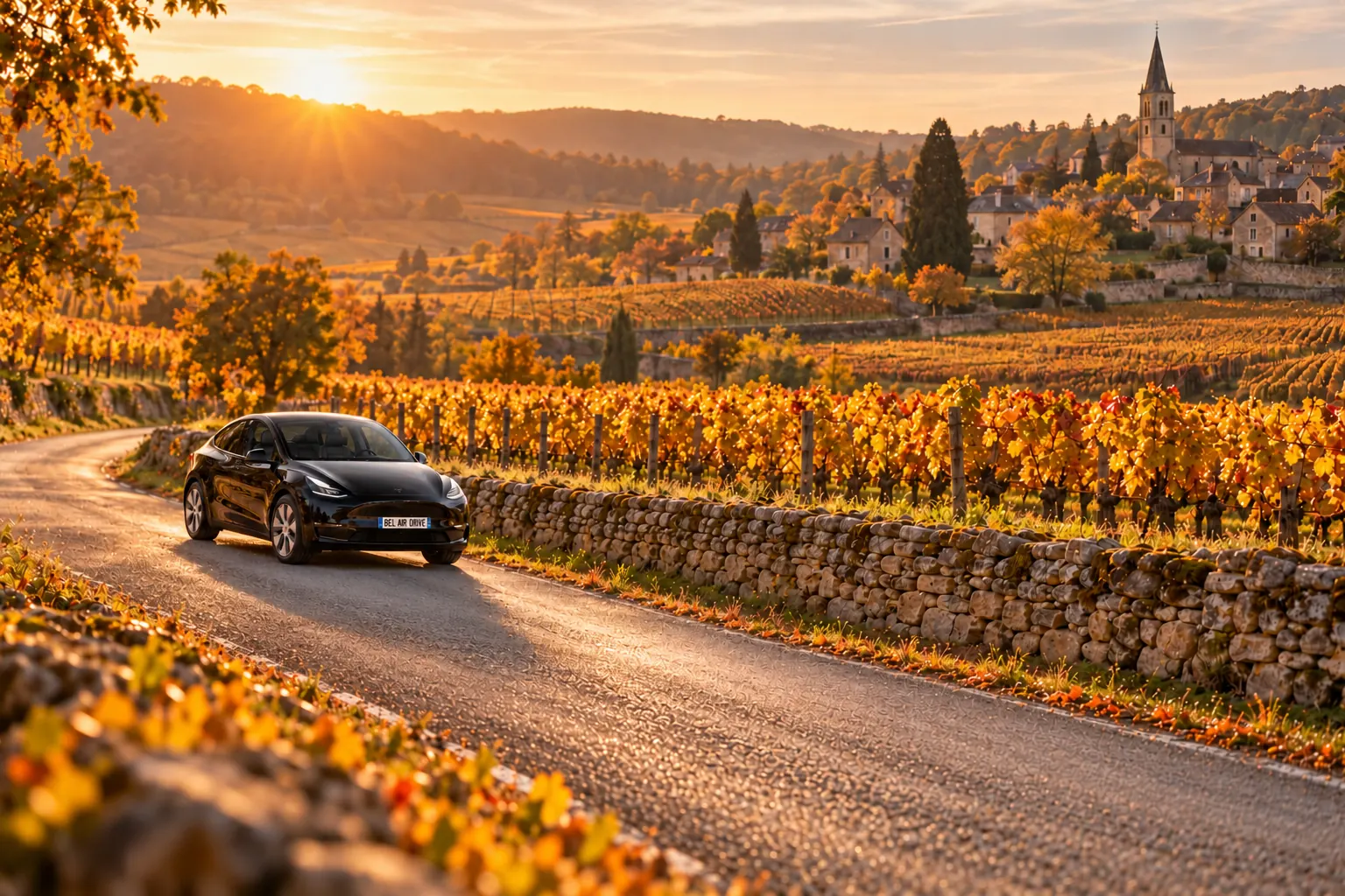 La Tesla Model Y noire de Bel Air Drive sur une route des vignes de la Côte de Beaune